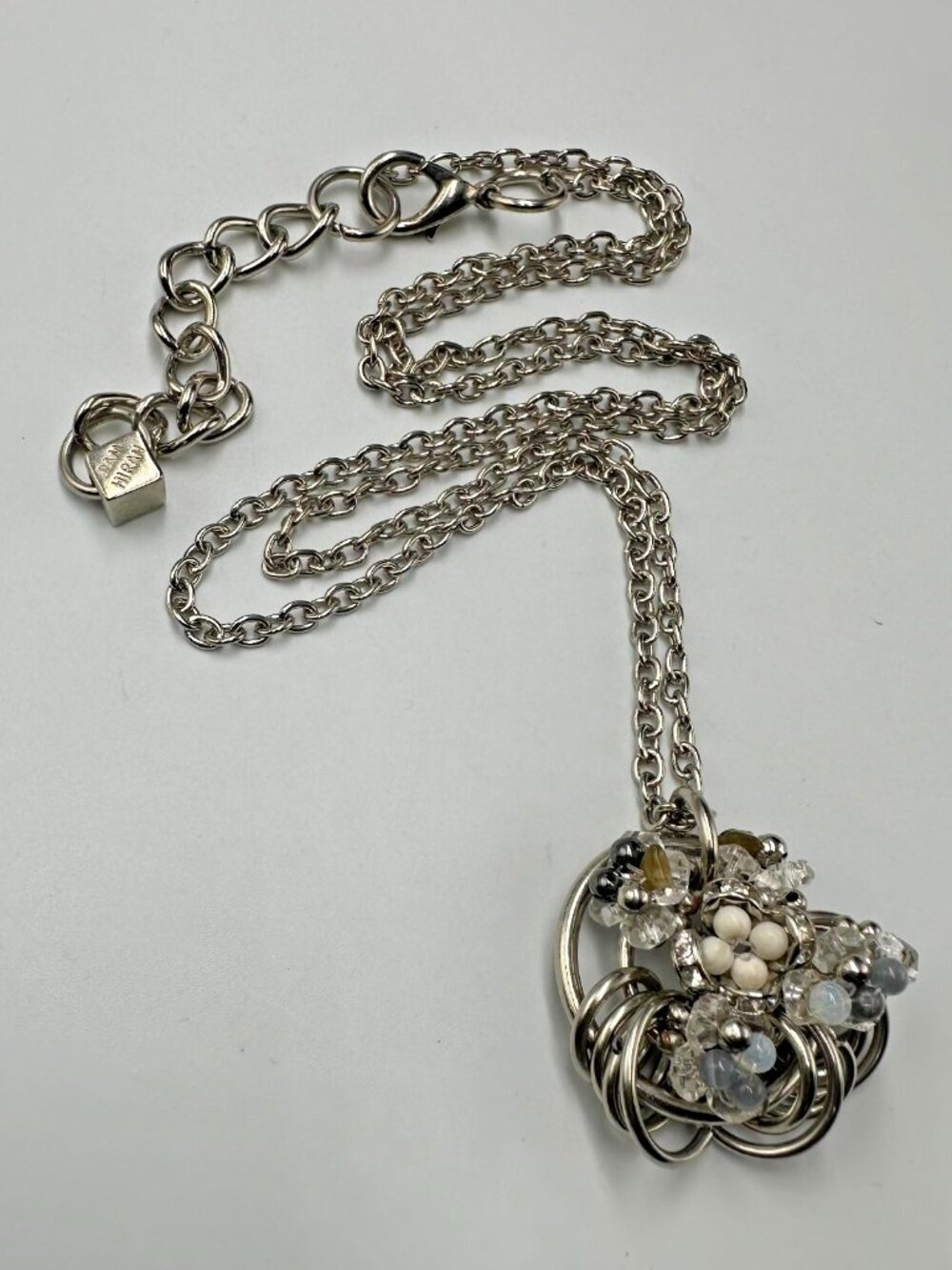 3/$30 Pam Hiran Necklace Silver Tone Multi Ring Pendant Beaded Chain Link 24 In